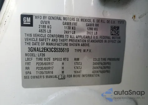 2012 Chevrolet Captiva Sport из США, поврежденный, VIN 3GNAL2EK3CS535619